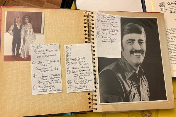 One of Jerry Weller's photo albums, with notes that Patti May gave to GLAPN identifying people in the pictures.